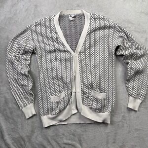 MF Staff Mens Large Cotton Cardigan Sweater Black White Stripe V Neck Pockets